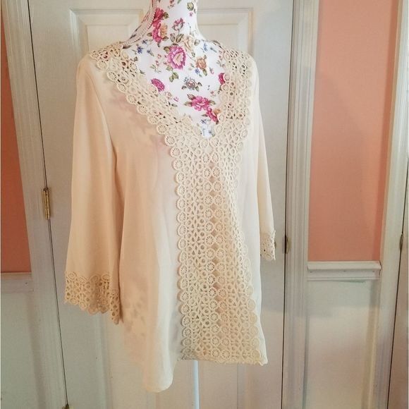 3 for $18 Alya Cream Top w/Crocheted Detail and Bell Sleeves - Picture 1 of 4